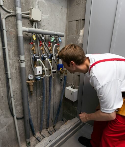 Male plumber fixing water meter with adjustable wrench.